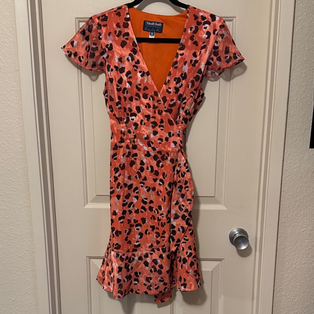 ModCloth Coral Orange Leopard-Print Wrap Mini Dress